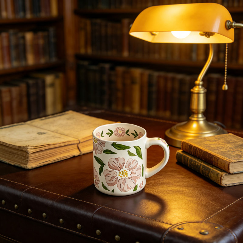 Tasse à café 16 oz en céramique rétro, tasse à thé peinte à la main sans plomb avec poignée confortable, lavable au micro-ondes et au lave-vaisselle (rosé floral)