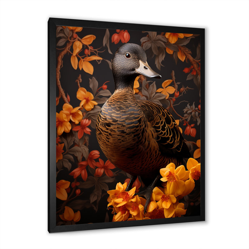 «Brown and Yellow Duck Feathered Elegance» - Art mural animal canard, Cadre simple noir, H 32 po x l 24 po x P 1 po