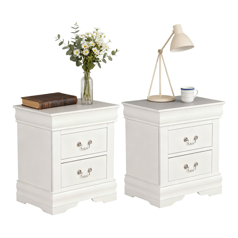 Ensemble de 2 tables de chevet en bois massif avec 2 tiroirs, aucun assemblage requis, Blanc