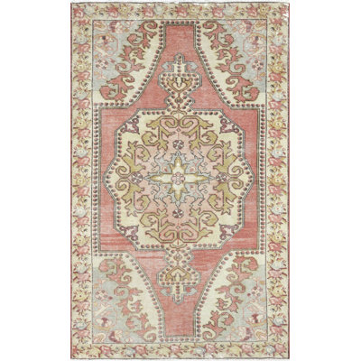 One-of-a-Kind Hand-Knotted 1960s 4'5" x 7'3" Wool Area Rug in Red/Yellow/Pink/Ivory