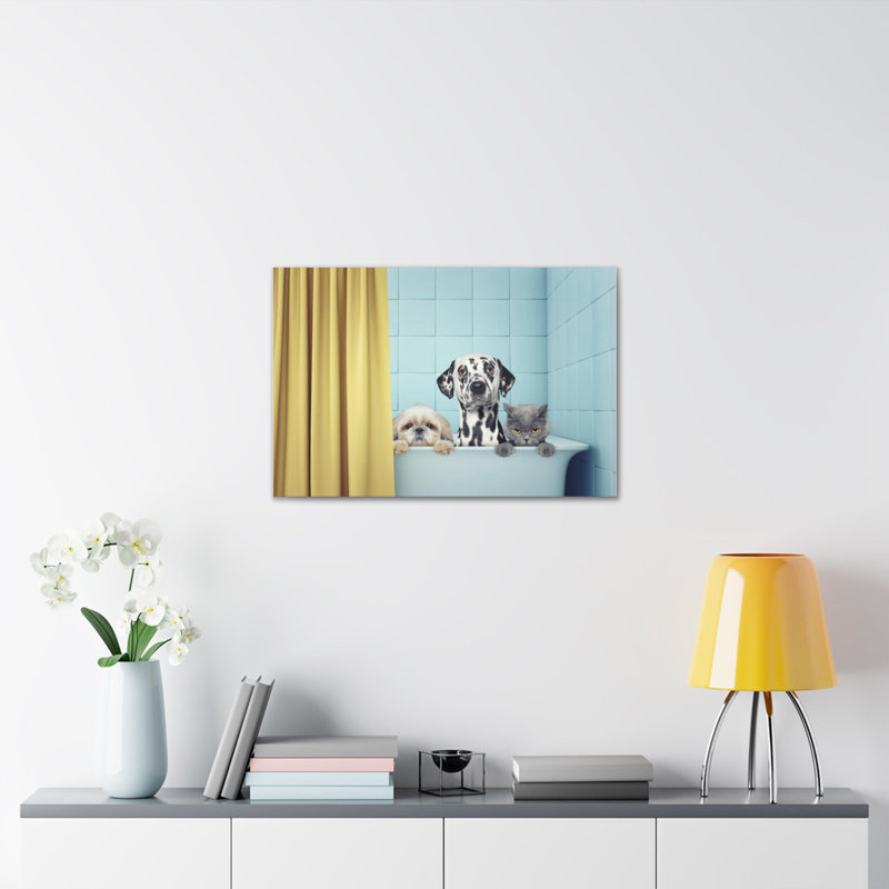 «Cute Two Dogs and Cat», art mural sur toile, H 18 po x l 24 po