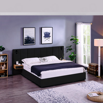 Très grand lit plateforme tapissier hydraulique en velours avec 2 tablettes, 2 lampes de lecture et un port USB