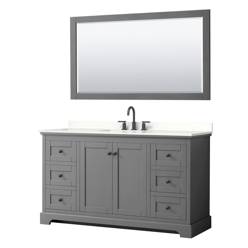 Meuble-lavabo sur pied simple 60 po avec plateau en quartz et miroir Avery, Quartz blanc, Gris foncé, Noir mat