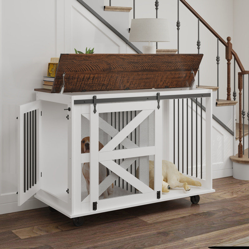 47.2" Mobile Dog Crate Furniture, Flip-Top Feeding Door Dual-Access Pet Kennel with 5 Casters & Side Hooks