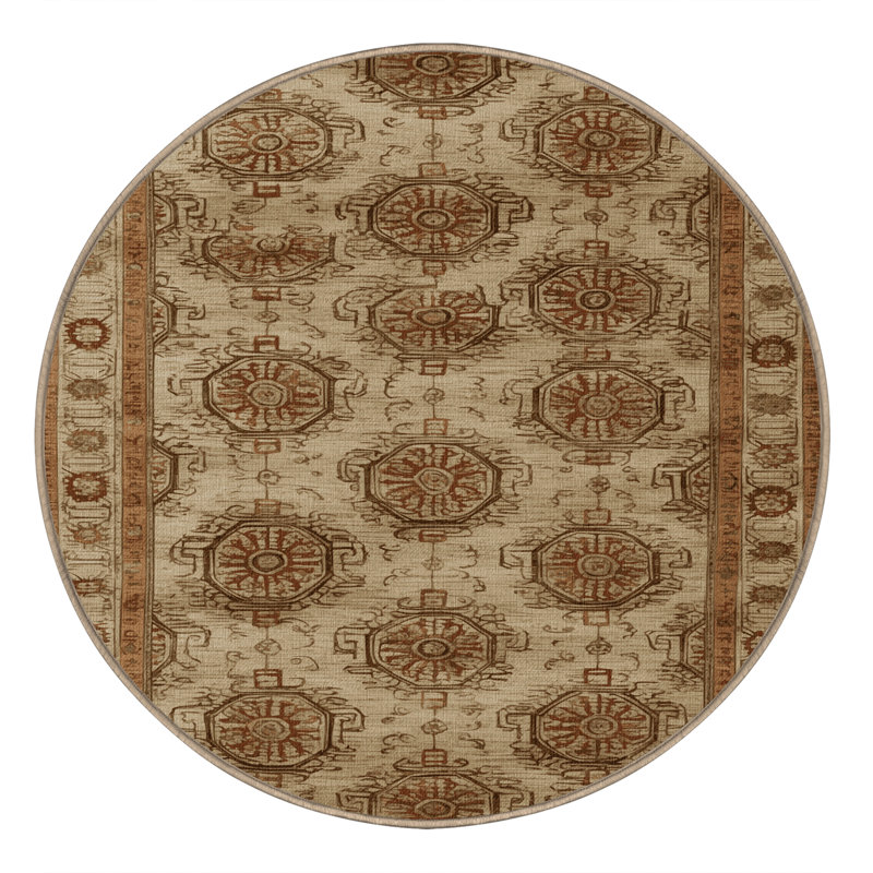Machine Washable Art Deco Beige Area Rug, Round 4'