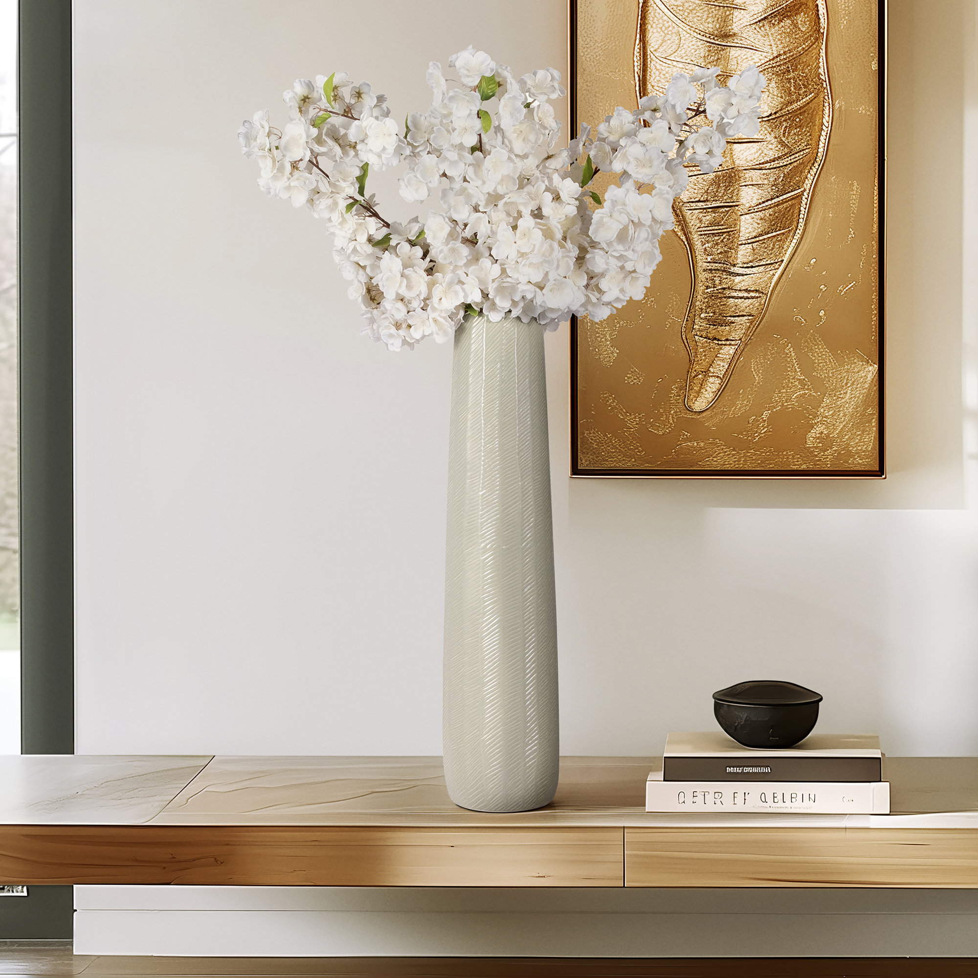 Celia Handmade Stoneware Table Vase, Green, 28" H x 7" W x 7" D
