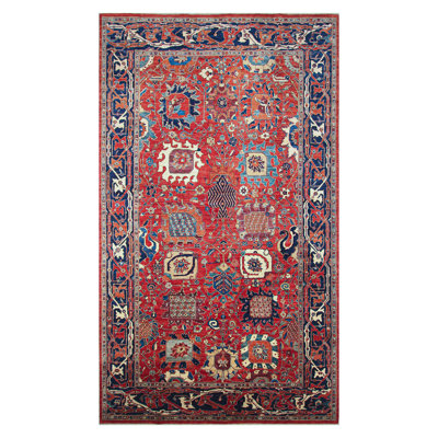 Tapis rouge et bleu noué à la main de haute qualité