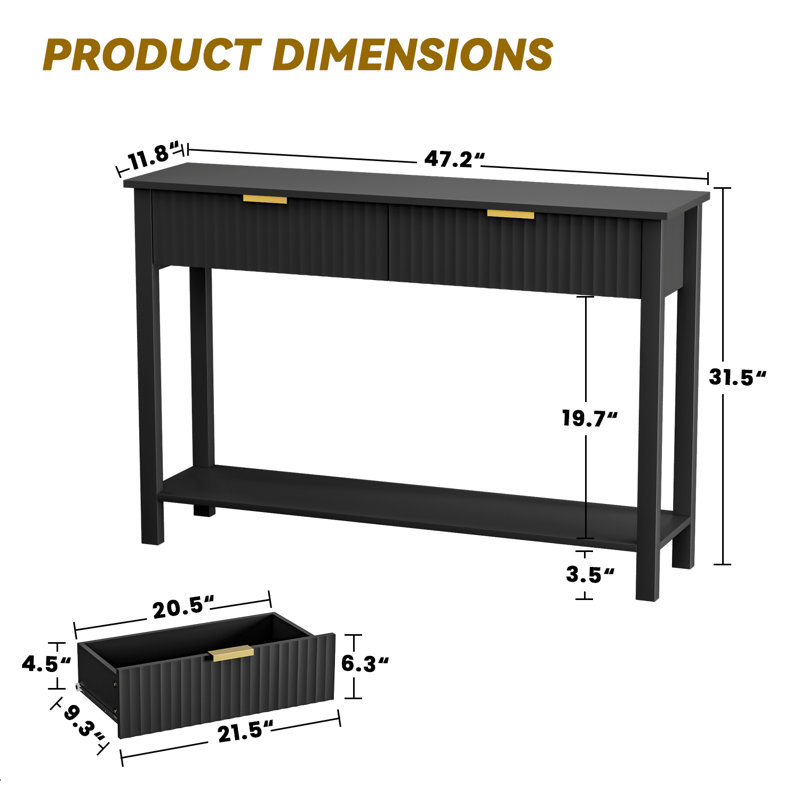 Diandre 47.2" Console Table With 2 Drawers And Gold Handles, Narrow Entryway Table For Hallway And Living Room, Black