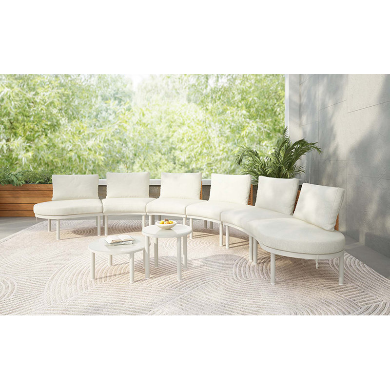 Ensemble modulaire d'extérieur courbé 8 pièces Perica avec osier PE et structure en aluminium, Beige, Beige
