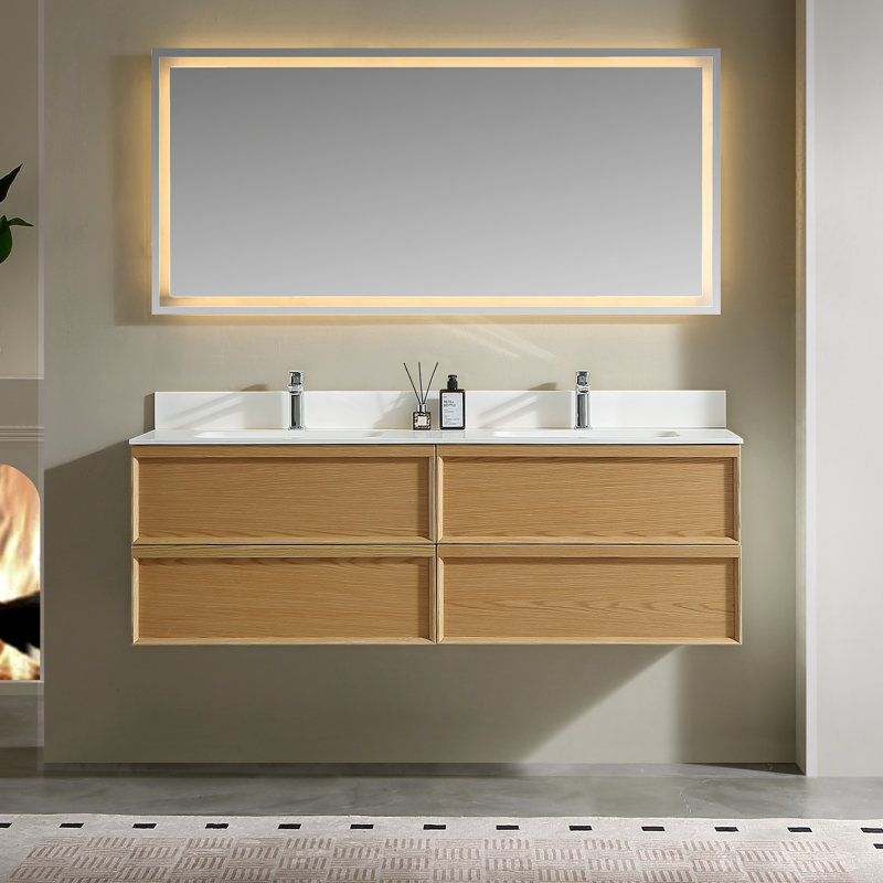 Wall Mounted Single Double Vanity Bathroom Vanity With Solid Surface Top, Light Oak