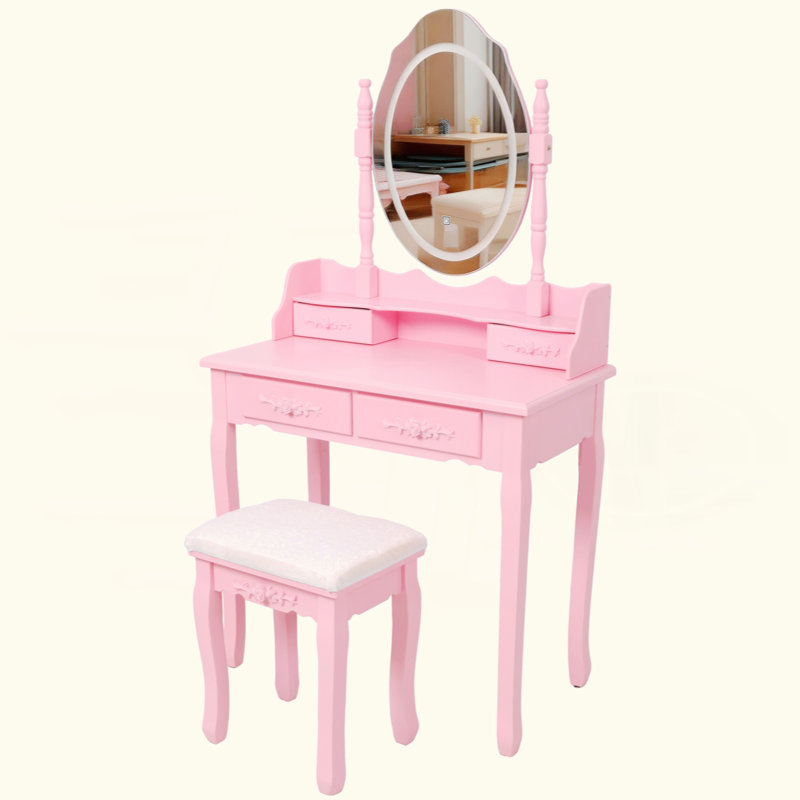 Ensemble de coiffeuse Princess avec miroir et tabouret rembourré, modes d'éclairage, coiffeuse en bois à 4 tiroirs pour chambre de fille, coiffeuse avec beaucoup de rangement