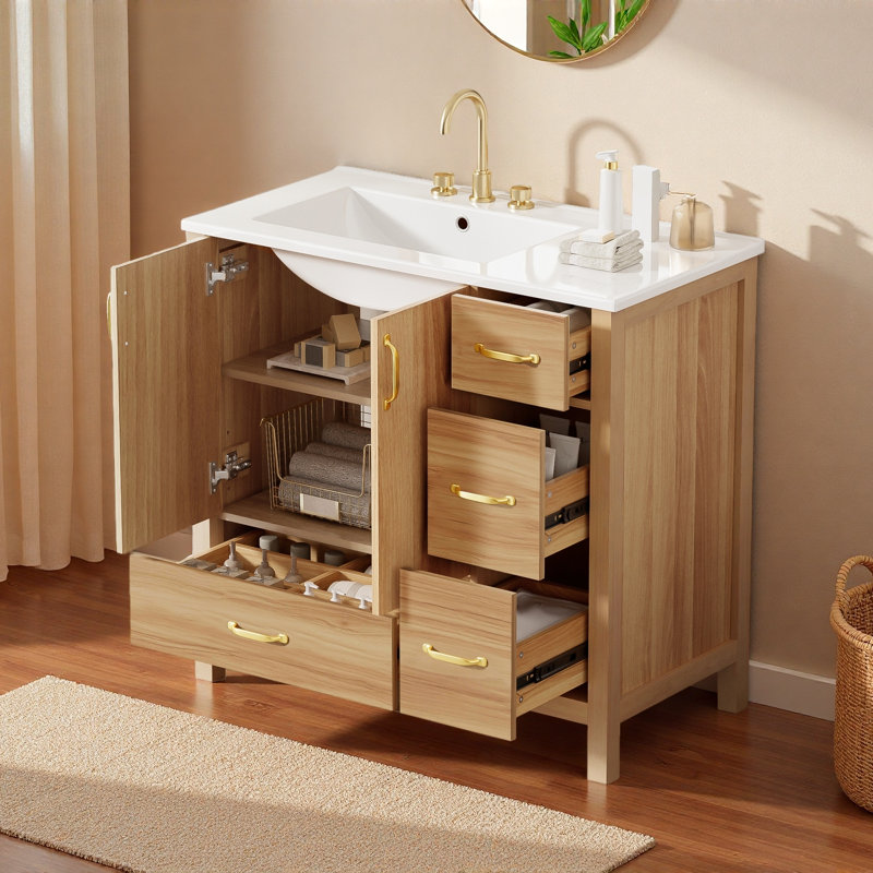Meuble-lavabo 36 po avec structure en bois massif, 2 portes à fermeture douce, 4 tiroirs à fermeture douce, tablette réglable