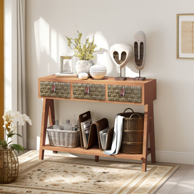 2-Tier Wood Console Table with 3 Drawers and Shelves, Narrow Long Sofa Entryway Table,Brown Oak -  Gracie Oaks, 52C49C4295724968A35E19E509397D2E