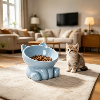 Bol pour chat en céramique incliné surélevé noir brillant, bol d'eau pour animaux de compagnie anti-menton surélevé anti-menton, plat mignon anti-déversement pour oreilles de chat pour petits chats