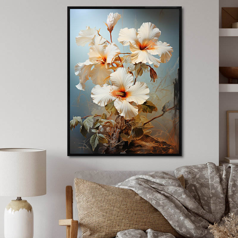 Hibiscus beige rétro - imprimé, Cadre flottant noir, H 40 po x l 30 po x P 1,5 po
