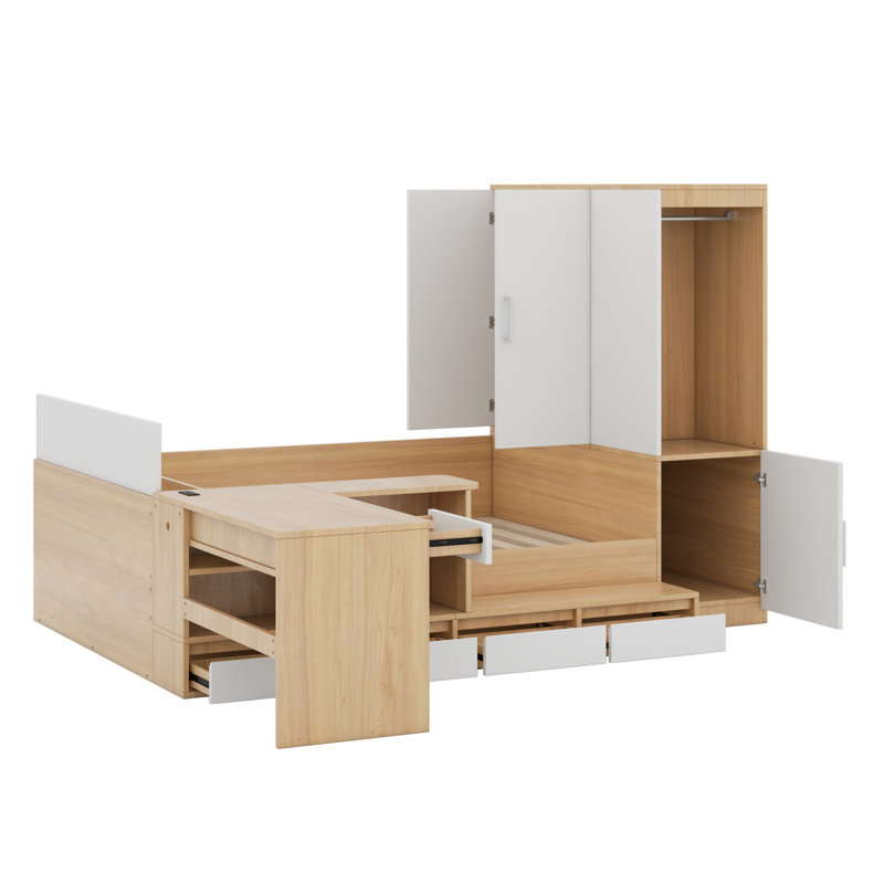 Lit plateforme avec tiroirs, tablettes, bureau et garde-robe, Naturel