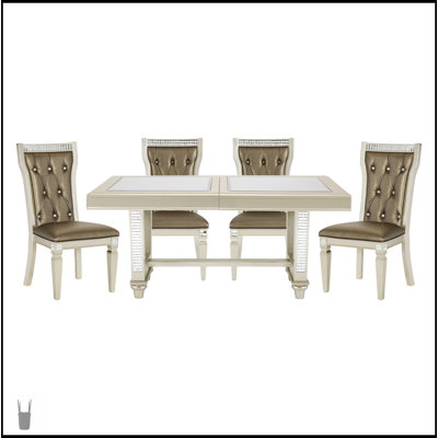 Ensemble de salle à manger de style glamour 5 pièces avec finition champagne, plateau en verre et chaises d'appoint rembourrées pour une élégance traditionnelle