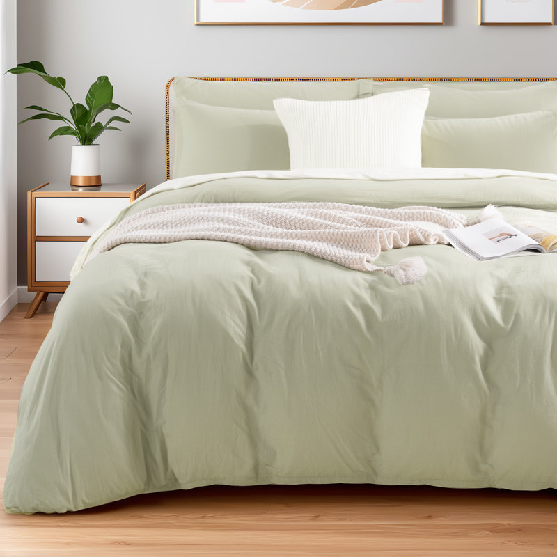 NEXHOME PRO Duvet Cover Set Kids Twin Size Linen Feel Textured Organic Natural 100% Washed Cotton Duvet Cover 2 Pieces Bedding Set with Zipper Closure, Breathable, Mint Green (No Comforter)