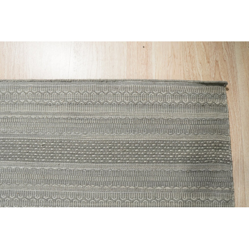 Gray Hand-Knotted Wool Striated Bands Geometric Modern Contemporary Carpet Rug, 9' x 12'