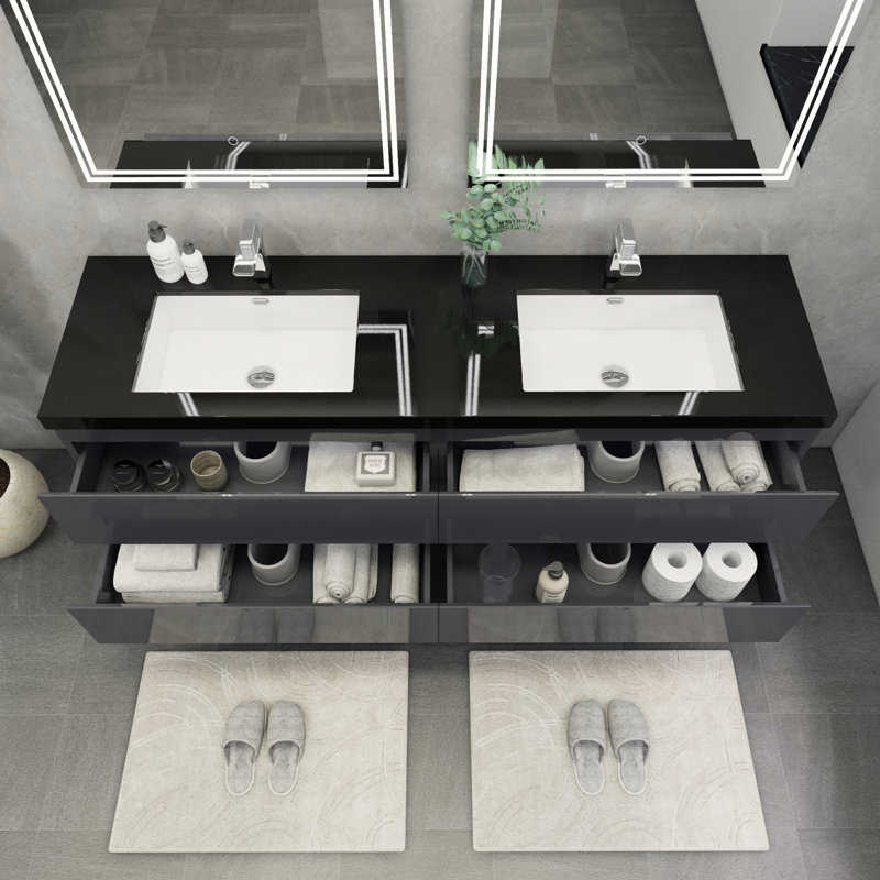 Kirker 72" Wall-Mounted Double Bathroom Vanity Set, Glossy Gray