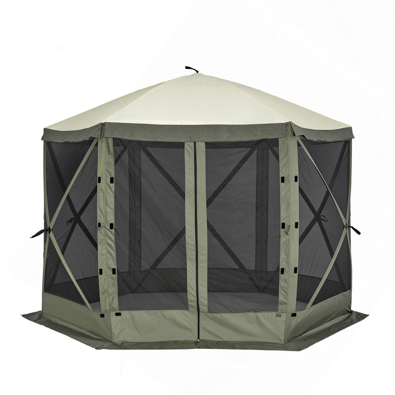 Tente pour abri de jardin Pop Up, abri de soleil à auvent à 6 côtés avec 6 toiles d'intimité amovibles et fenêtres en filet, tente écran rapide 10 x 10 pi avec moustiquaire, vert armée
