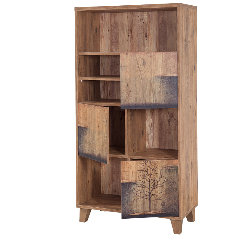Bibliothèque moderne avec motif abstrait d'automne, couleur pin atlantique, 31,5 x 61,0 x 14,2 pouces | 100% panneau de particules enduit de mélamine, revêtement UV | Pieds en bois, nombreuses tablettes, solution de rangement murale, élégante et fonctionnelle