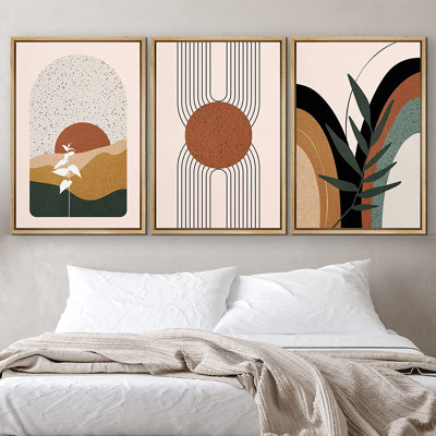 Mid Mid Century Modern Boho IDEA4WALL, reproduction d'art sur toile encadrée, ensemble de formes géométriques tropicales, formes abstraites, minimalisme, style bohémien décoratif pour le salon, la chambre à coucher, le bureau - 24 po x 36 po x 3 po