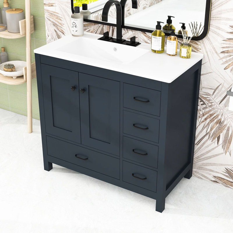 Meuble-lavabo 36 po avec lavabo en céramique, 2 tiroirs de rangement et 2 portes à fermeture douce, Bleu