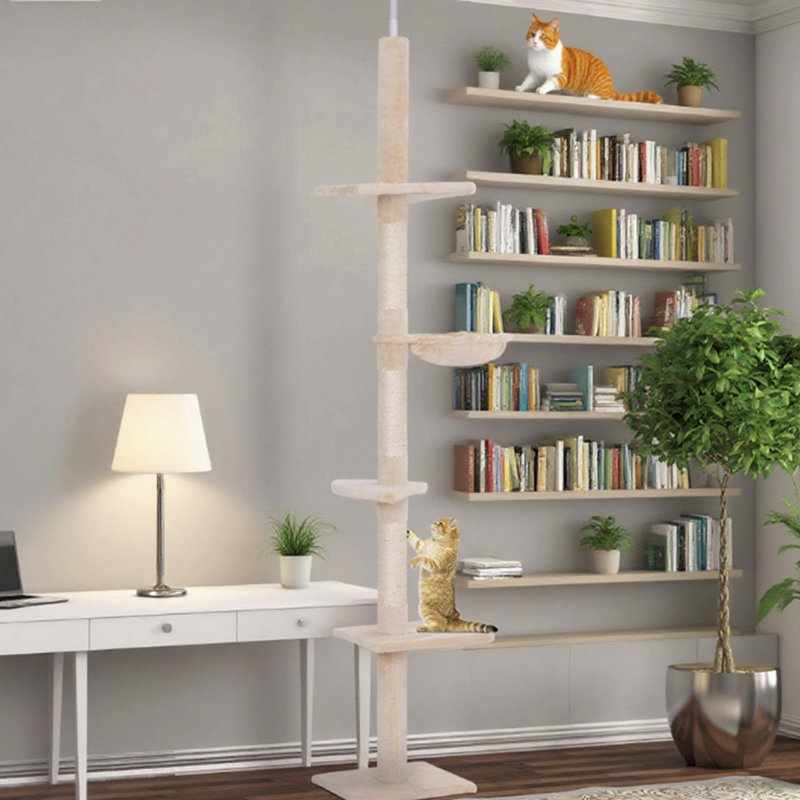 Adjustable Floor-To-Ceiling Cat Tree Tower (90.5"-102.25") With 5 Plush Platforms And Sisal Scratching Post - Beige