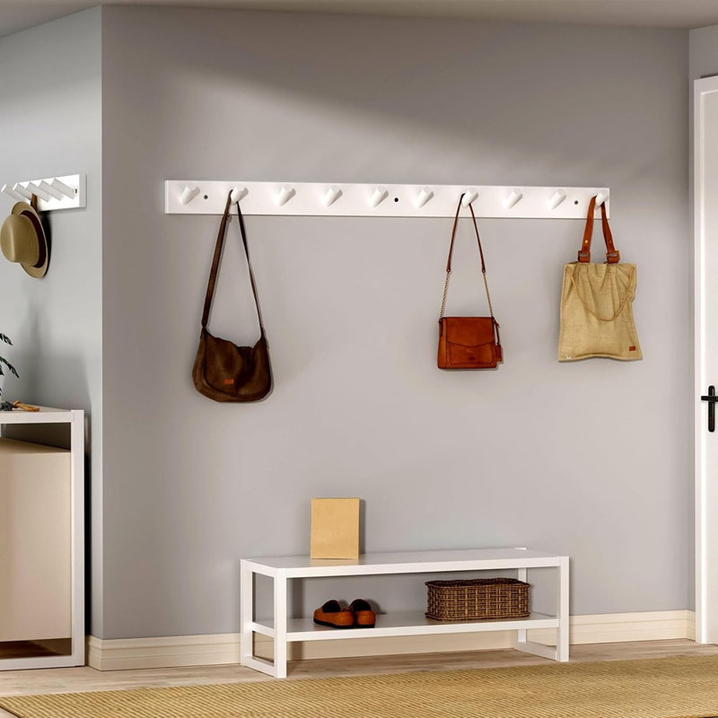 Portemanteau mural en bois avec 10 crochets en bambou pour sacs à dos, manteaux, serviettes et chapeaux, espacement de trou de 16 po, blanc