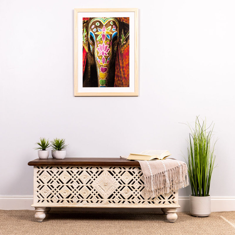 Hand-carved Solid Wood Bench Trunk With Geometric Cut Out Design.