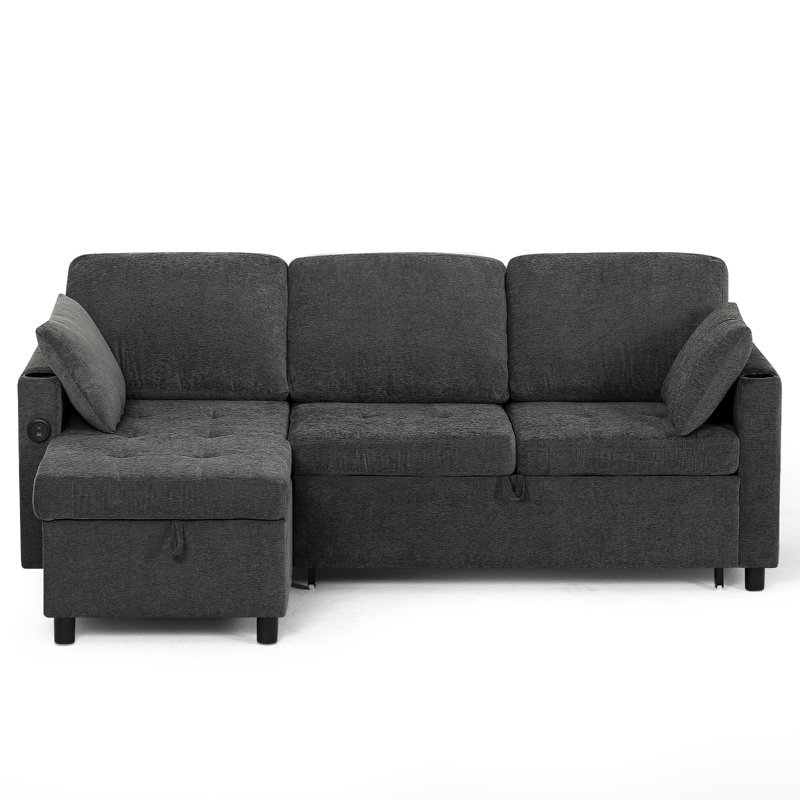 84" Reversible Sectional Pull-Out Sofa Bed With Adjustable Backrest, Modern L-Shape Sofa With Storage Chaise, 3-Seat Convertible Couch With Usb Charging Port For Living Room, Apartment, House