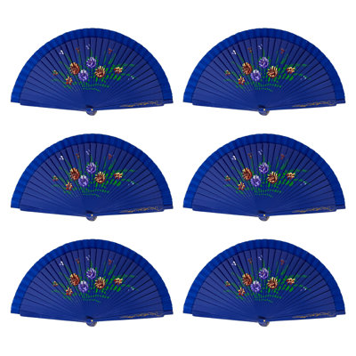 Pack Of 6 Spanish Style Double-Sided Wooden Hand Fans With Painted Flowers – Elegant Feng Shui Wedding, Party, Dance & Festival Accessories (Dark Blue)