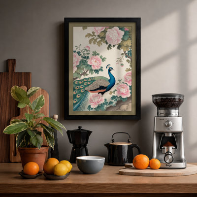 Peacock Among Roses Japandi - Framed Print