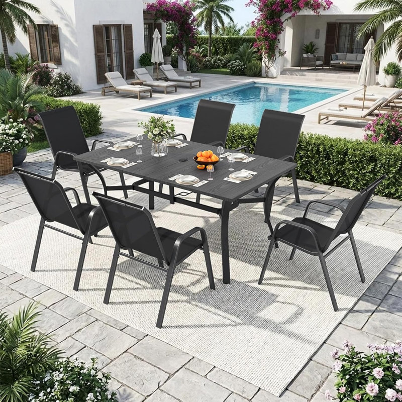 Outdoor Dining Set For 6,7Pcs Patio Table And Chairs Set With Adjustable Umbrella Hole,Heavy Duty 63”X37.8” Metal Dining Table And Stackable Patio Chair For Yard, Garden, Porch,Black