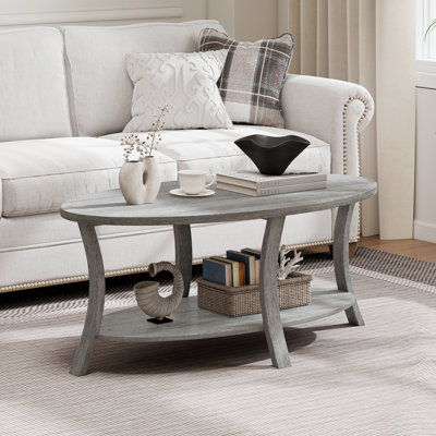  2-Tier Oval Coffee Table w/ Storage Shelf Rubber Wood Accent Tea Table