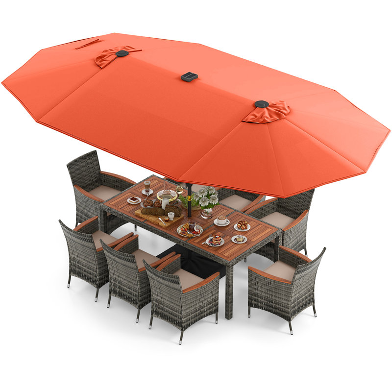 Ensemble 11 chaises de table de salle à manger de patio avec parasol et base, Gris, Orange