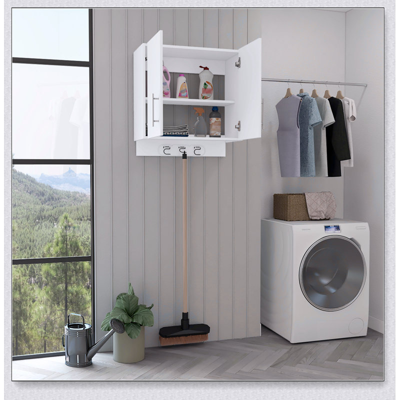 Kymo Wall Storage Cabinet, 2 Doors, Broom Hangers -White