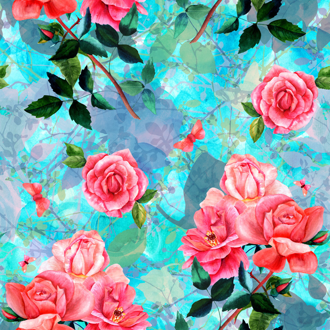 Pitsburg Watercolor Roses and Butterflies - Grafik auf Leinwand