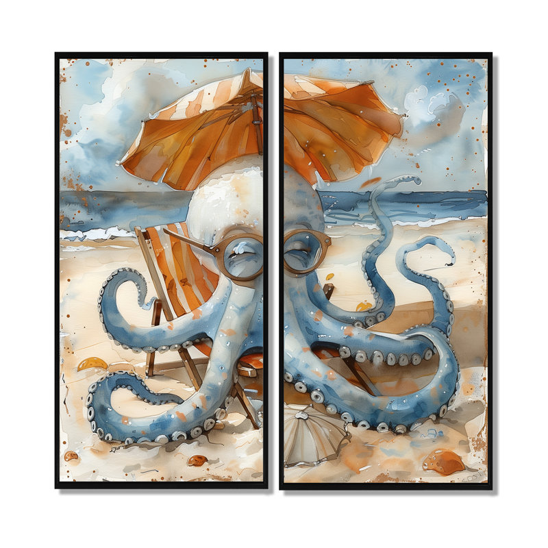 Pieuvre sur la plage à Hawaï II - Grand art mural poulpe / calmar 2 pièces, 32" H x 32" W, Impression encadrée flottante