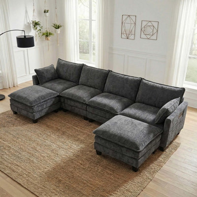 Modern Chenille Sofa Set, 3-Seat Couch with Matching Ottoman, Modular Living Room Furniture with Built-in USB Ports and Side Pockets