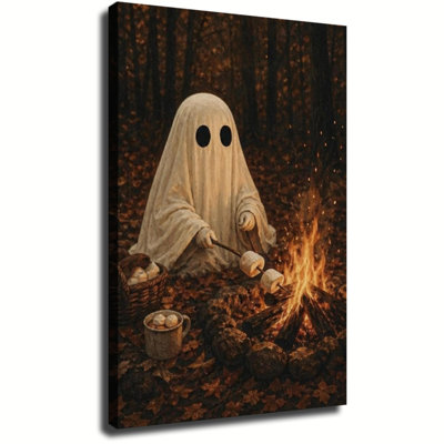 Fantômes faisant griller des guimauves au-dessus d'un feu de camp dans les bois d'automne - Toile murale vintage pour l'Halloween