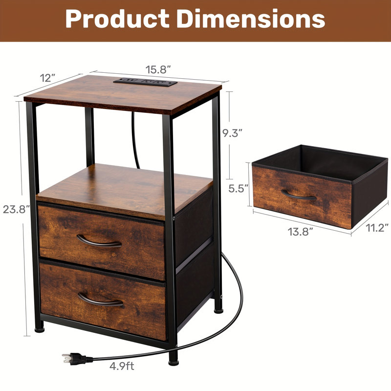 Modern Nightstand With Charging Station & Adjustable Fabric Drawer, 3-tier Storage End Table For Bedroom & Living Room, Black