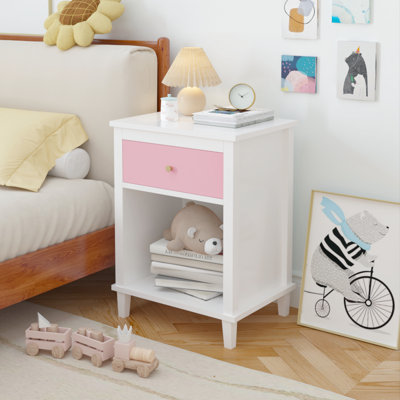 Table de chevet en bois de 26,77 po de hauteur en rose pour et pour adultes -, un tiroir et une tablette, rangement spacieux, supporte un tiroir de 15 lb, avec poignées en aluminium, poignées, lampes de rangement, livres, etc.