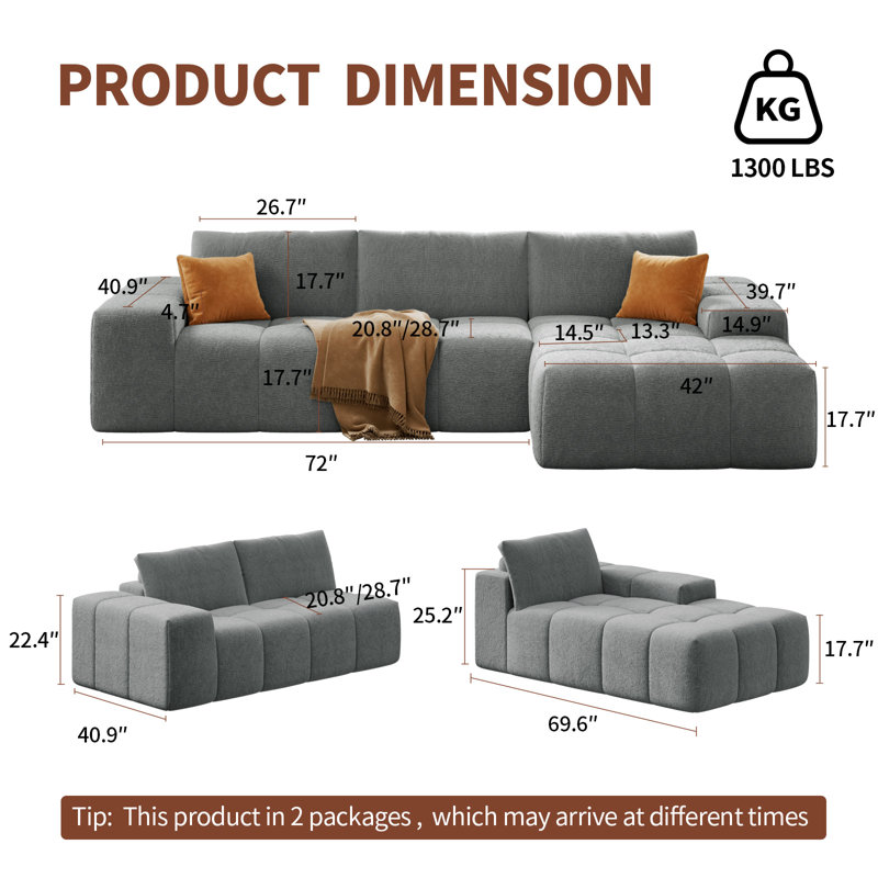 Canapé modulaire en flanelle 2 pièces Airica, Flanelle gris clair, Orienté à droite