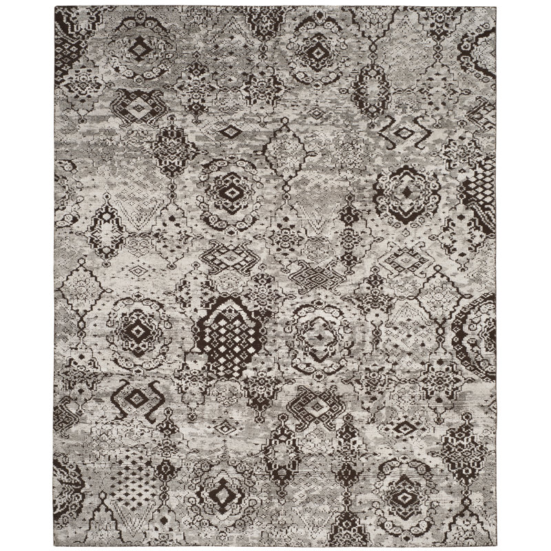 Tapis gris en viscose / laine / coton noué à la main Donnavon, Rectangle 9 pi x 12 pi