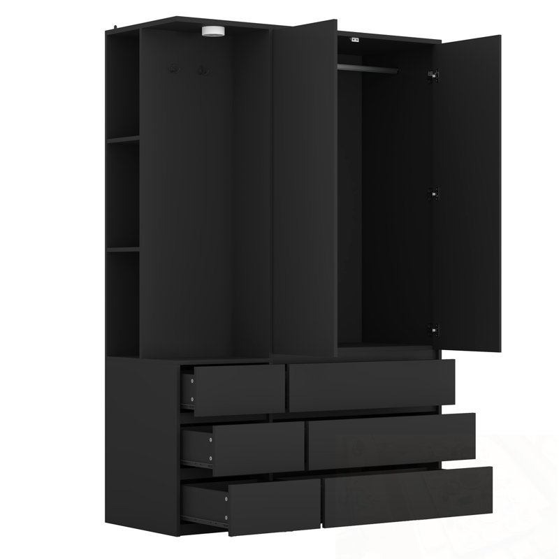 Armoire en bois avec 2 portes et 6 tiroirs, Noir