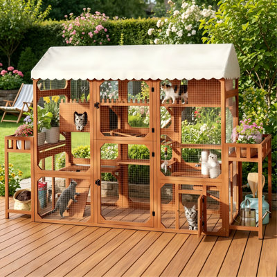 Grande cage d'extérieur en bois brun pour chat, abri pour chat à plusieurs niveaux avec 2 supports à plantes, toit résistant aux intempéries, boîte de repos et rampes d'escalade