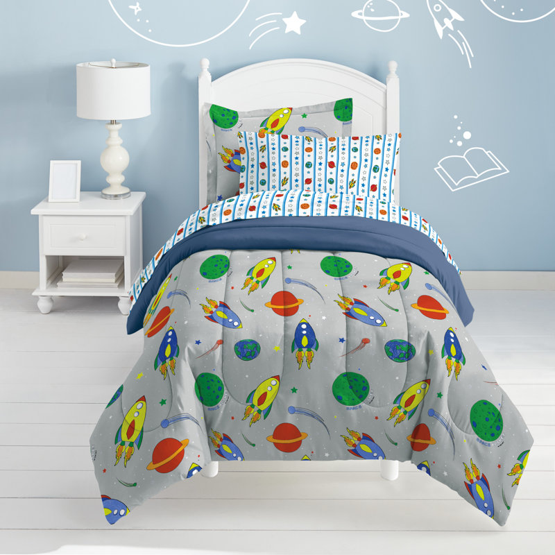 Gray Twin Microfiber Space Rocket Bed in a Bag Set