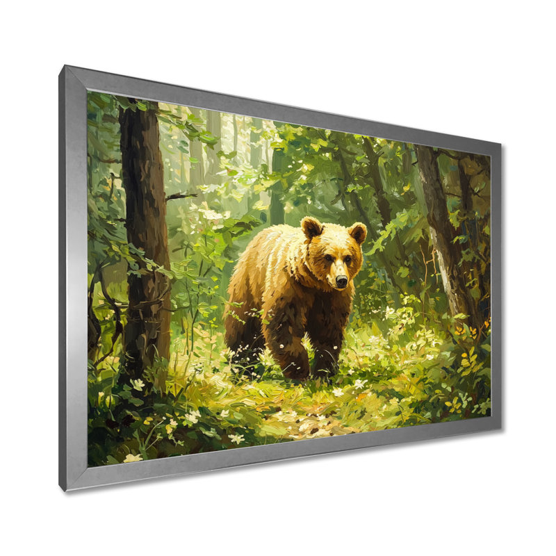Ours dans la forêt du printemps I - art mural ours, H 12 po x l 20 po, Avec cadre, Argent argent